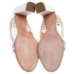Pre Owned Alexander McQueen White/Beige Laser Cut Leather Block Heel Sandals Size 40