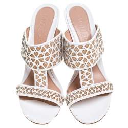 Pre Owned Alexander McQueen White/Beige Laser Cut Leather Block Heel Sandals Size 40