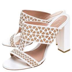 Pre Owned Alexander McQueen White/Beige Laser Cut Leather Block Heel Sandals Size 40