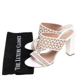 Pre Owned Alexander McQueen White/Beige Laser Cut Leather Block Heel Sandals Size 40