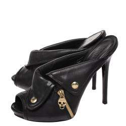 Pre Owned Alexander McQueen Black Leather Dredge Peep Toe Platform Mule Sandals Size 40