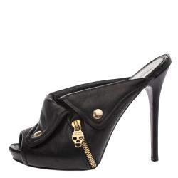 Pre Owned Alexander McQueen Black Leather Dredge Peep Toe Platform Mule Sandals Size 40