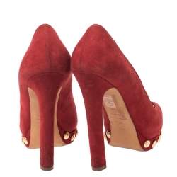 Alexander McQueen Red Suede Skull Embellished Peep Toe Pumps Size 36