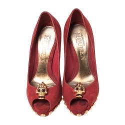 Alexander McQueen Red Suede Skull Embellished Peep Toe Pumps Size 36