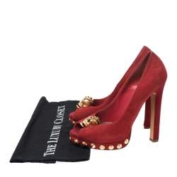 Alexander McQueen Red Suede Skull Embellished Peep Toe Pumps Size 36