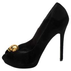 Pre Owned Alexander McQueen Black Velvet Crystal Embellished Skull Peep Toe Platform Pumps Size 39.5