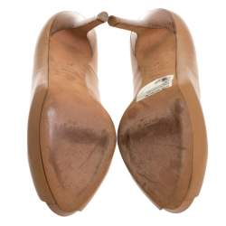 Pre Owned Alexander McQueen Brown Leather Skull Peep Toe Platform Pumps Size 40