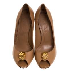Pre Owned Alexander McQueen Brown Leather Skull Peep Toe Platform Pumps Size 40