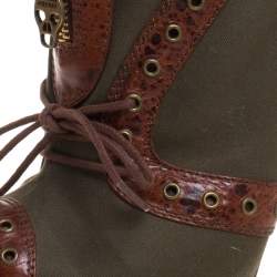 Pre Owned Alexander McQueen Khaki Green/Brown Canvas and Leather Faithful Peep Toe Boots Size 39