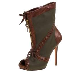 Pre Owned Alexander McQueen Khaki Green/Brown Canvas and Leather Faithful Peep Toe Boots Size 39