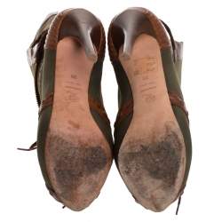 Pre Owned Alexander McQueen Khaki Green/Brown Canvas and Leather Faithful Peep Toe Boots Size 39