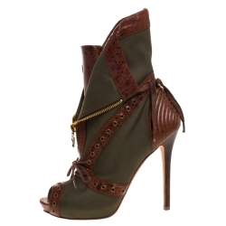 Pre Owned Alexander McQueen Khaki Green/Brown Canvas and Leather Faithful Peep Toe Boots Size 39