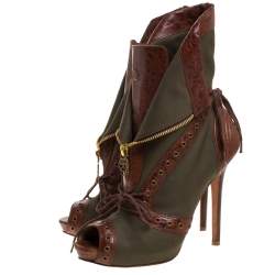 Pre Owned Alexander McQueen Khaki Green/Brown Canvas and Leather Faithful Peep Toe Boots Size 39