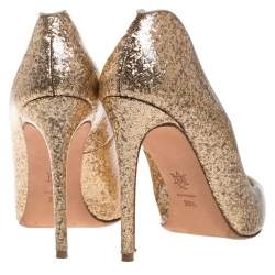 Pre Owned Alexander McQueen Gold Patent Glitter Leather Pointed Toe Pumps Size 39.5