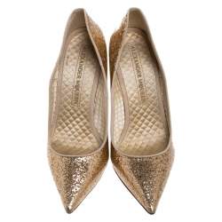 Pre Owned Alexander McQueen Gold Patent Glitter Leather Pointed Toe Pumps Size 39.5