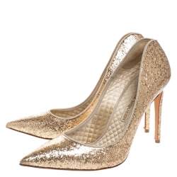 Pre Owned Alexander McQueen Gold Patent Glitter Leather Pointed Toe Pumps Size 39.5