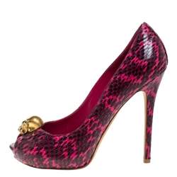 Pre Owned Alexander McQueen Majenta/Black Python Skull Studded Peep Toe Pumps Size 38.5
