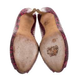 Pre Owned Alexander McQueen Majenta/Black Python Skull Studded Peep Toe Pumps Size 38.5