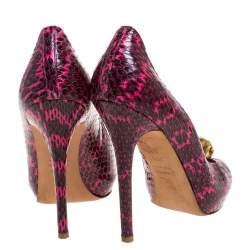 Pre Owned Alexander McQueen Majenta/Black Python Skull Studded Peep Toe Pumps Size 38.5
