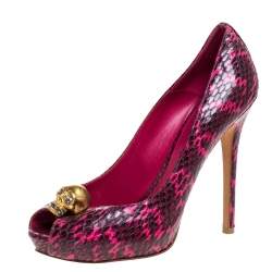 Pre Owned Alexander McQueen Majenta/Black Python Skull Studded Peep Toe Pumps Size 38.5