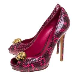 Pre Owned Alexander McQueen Majenta/Black Python Skull Studded Peep Toe Pumps Size 38.5