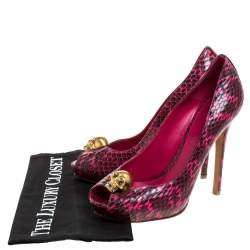Pre Owned Alexander McQueen Majenta/Black Python Skull Studded Peep Toe Pumps Size 38.5