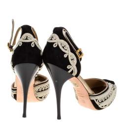 Pre Owned Alexander McQueen Black/Light Gold Cord Embroidered Suede Ankle Strap D'orsay Pumps Size 40