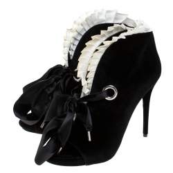 Pre Owned Alexander McQueen Black Velvet Frill Detail Open Toe Ankle Boots Size 41