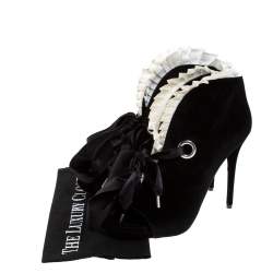 Pre Owned Alexander McQueen Black Velvet Frill Detail Open Toe Ankle Boots Size 41