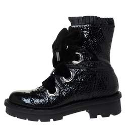 Pre Owned Alexander McQueen Black Patent Leather with Velvet Lace Up Platform Ankle Boots Size 40
