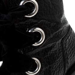 Pre Owned Alexander McQueen Black Patent Leather with Velvet Lace Up Platform Ankle Boots Size 40