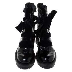 Pre Owned Alexander McQueen Black Patent Leather with Velvet Lace Up Platform Ankle Boots Size 40