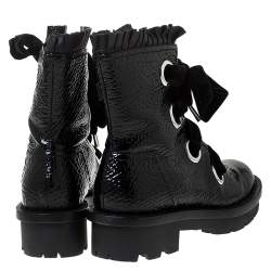 Pre Owned Alexander McQueen Black Patent Leather with Velvet Lace Up Platform Ankle Boots Size 40