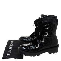 Pre Owned Alexander McQueen Black Patent Leather with Velvet Lace Up Platform Ankle Boots Size 40