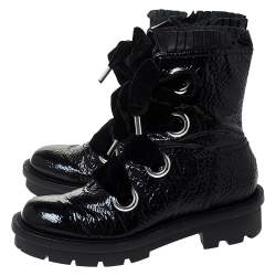Pre Owned Alexander McQueen Black Patent Leather with Velvet Lace Up Platform Ankle Boots Size 40