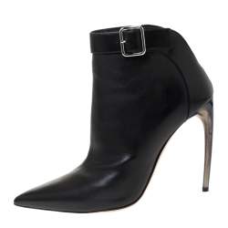Pre Owned Alexander McQueen Black Leather Buckle Detail Pointed Toe Ankle Booties Size 40