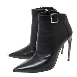 Pre Owned Alexander McQueen Black Leather Buckle Detail Pointed Toe Ankle Booties Size 40