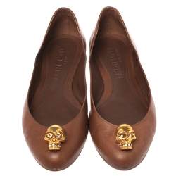 Pre Owned Alexander McQueen Brown Leather Skull Ballet Flats Size 38.5