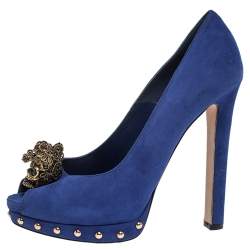 Pre Owned Alexander McQueen Blue Suede Crystal Embellished Skull Peep Toe Platform Pumps Size 38
