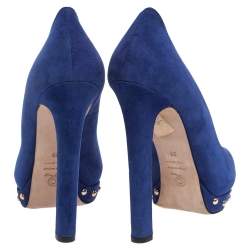 Pre Owned Alexander McQueen Blue Suede Crystal Embellished Skull Peep Toe Platform Pumps Size 38