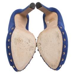 Pre Owned Alexander McQueen Blue Suede Crystal Embellished Skull Peep Toe Platform Pumps Size 38
