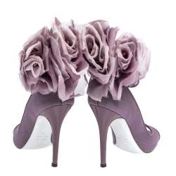 Pre Owned Alexander McQueen Purple Mesh And Patent Leather Trim Floral Embellished Peep-Toe Ankle Strap Pumps Size 38