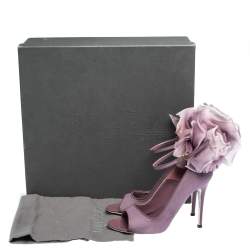 Pre Owned Alexander McQueen Purple Mesh And Patent Leather Trim Floral Embellished Peep-Toe Ankle Strap Pumps Size 38