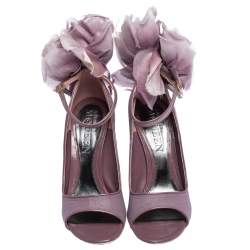 Pre Owned Alexander McQueen Purple Mesh And Patent Leather Trim Floral Embellished Peep-Toe Ankle Strap Pumps Size 38