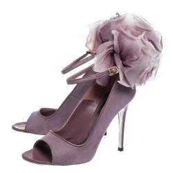 Pre Owned Alexander McQueen Purple Mesh And Patent Leather Trim Floral Embellished Peep-Toe Ankle Strap Pumps Size 38