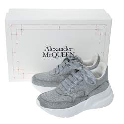 Pre Owned Alexander McQueen Silver Glitter Platform Lace Up Sneakers Size 35