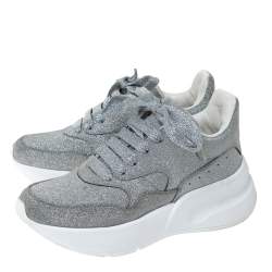 Pre Owned Alexander McQueen Silver Glitter Platform Lace Up Sneakers Size 35