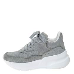 Pre Owned Alexander McQueen Silver Glitter Platform Lace Up Sneakers Size 35