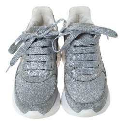 Pre Owned Alexander McQueen Silver Glitter Platform Lace Up Sneakers Size 35