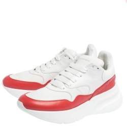 Pre Owned Alexander McQueen White/Red Leather And Mesh Oversized Runner Low Top Sneakers Size 40